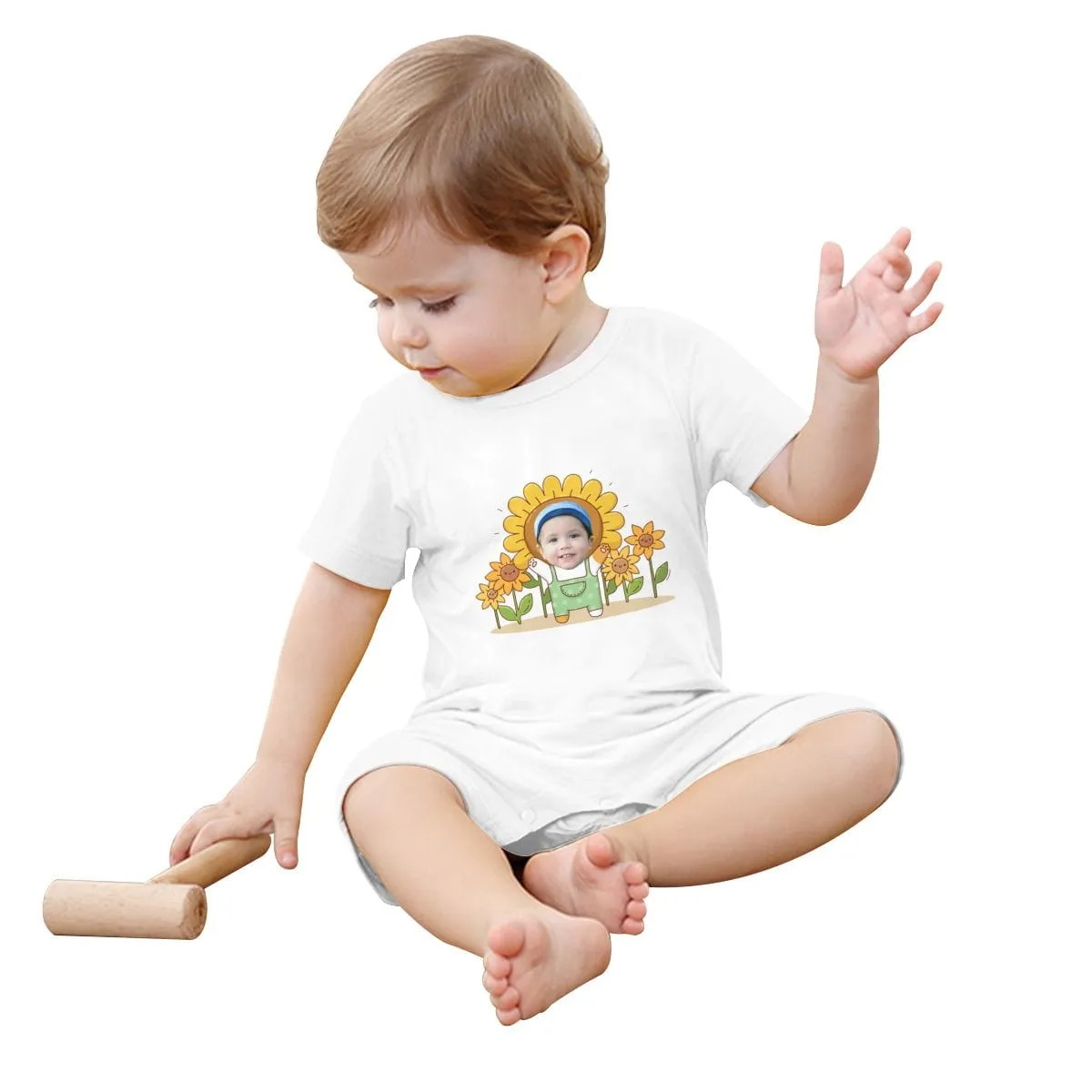 #For 0-2T-Custom Face Sunflower Baby Short Sleeve Rompers 100% Organic Cotton Jumpsuit One-piece Coverall and Layette Set
