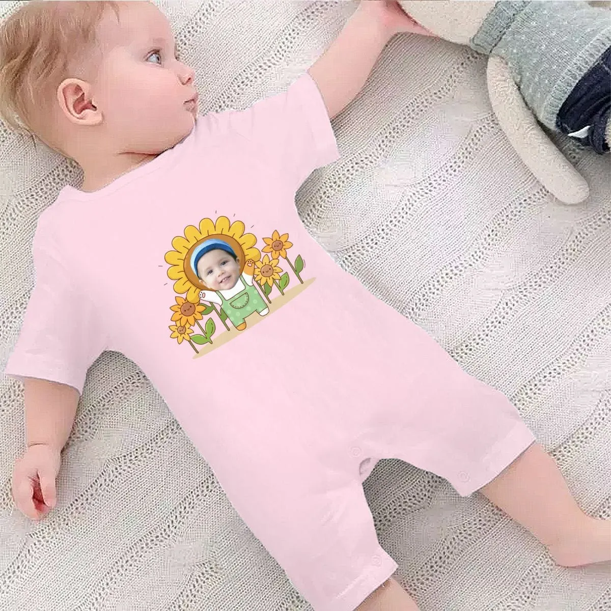 #For 0-2T-Custom Face Sunflower Baby Short Sleeve Rompers 100% Organic Cotton Jumpsuit One-piece Coverall and Layette Set