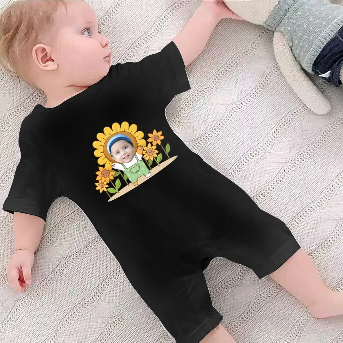#For 0-2T-Custom Face Sunflower Baby Short Sleeve Rompers 100% Organic Cotton Jumpsuit One-piece Coverall and Layette Set