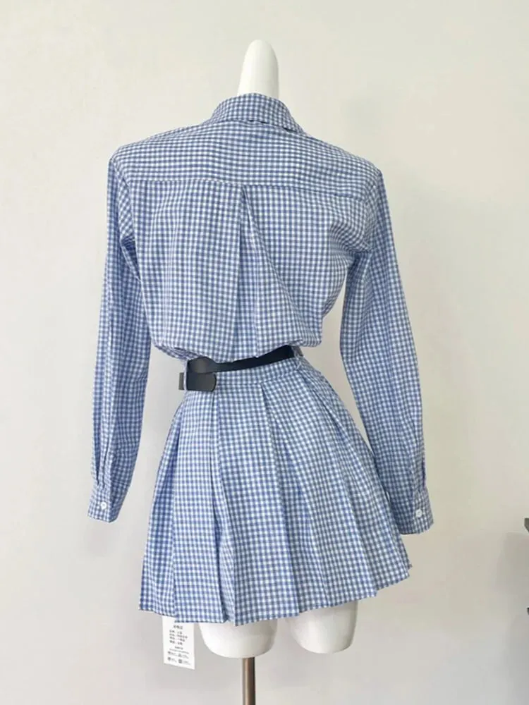 Girlary Autumn Plaid Shirt Long Sleeve Dress With Belt Preppy Women Tunic Pleated Frocks One-Piece 2000s Aesthetic Japanese Gyaru Tide