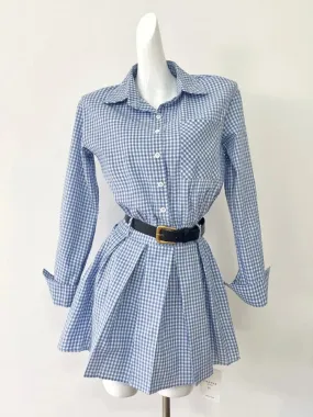 Girlary Autumn Plaid Shirt Long Sleeve Dress With Belt Preppy Women Tunic Pleated Frocks One-Piece 2000s Aesthetic Japanese Gyaru Tide