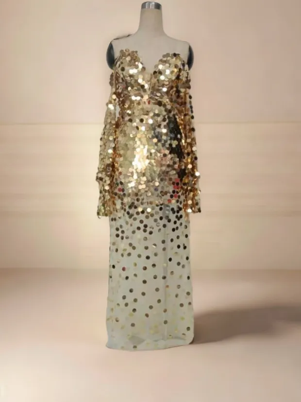 Glam Mesh Sequined Evening Dress: Off-Shoulder, Long-Length