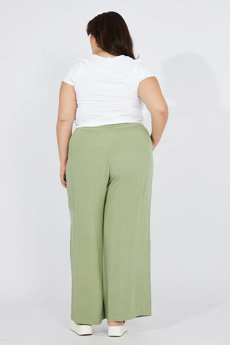Green Wideleg Pants Paperbag Elastic Waist Linen Blend