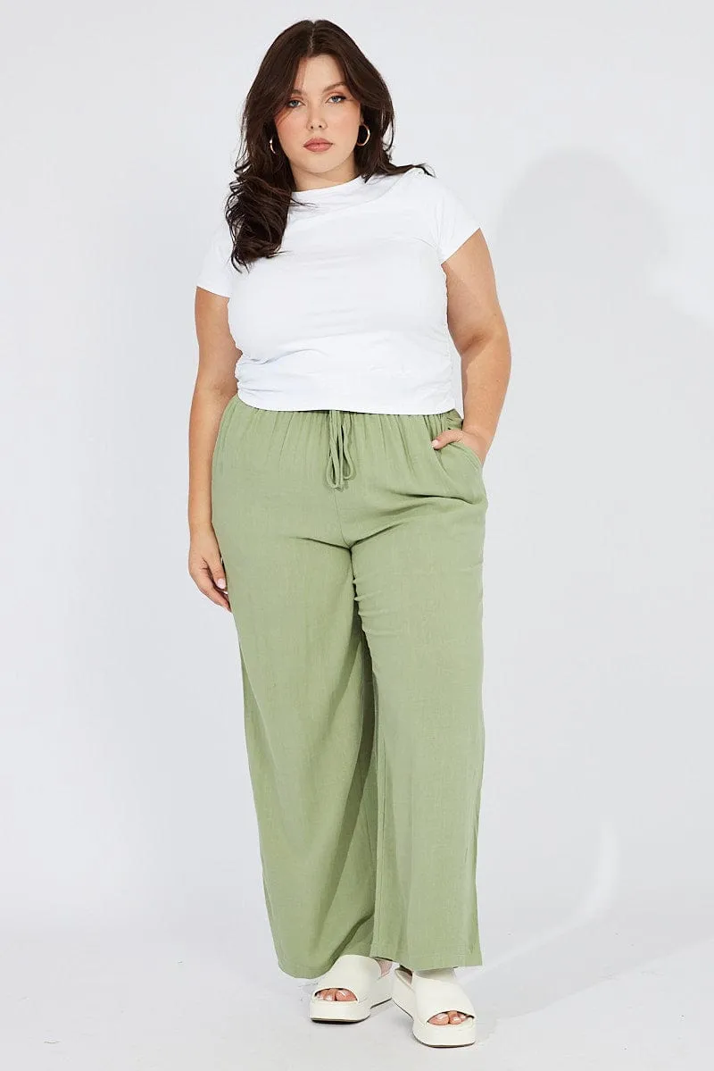 Green Wideleg Pants Paperbag Elastic Waist Linen Blend