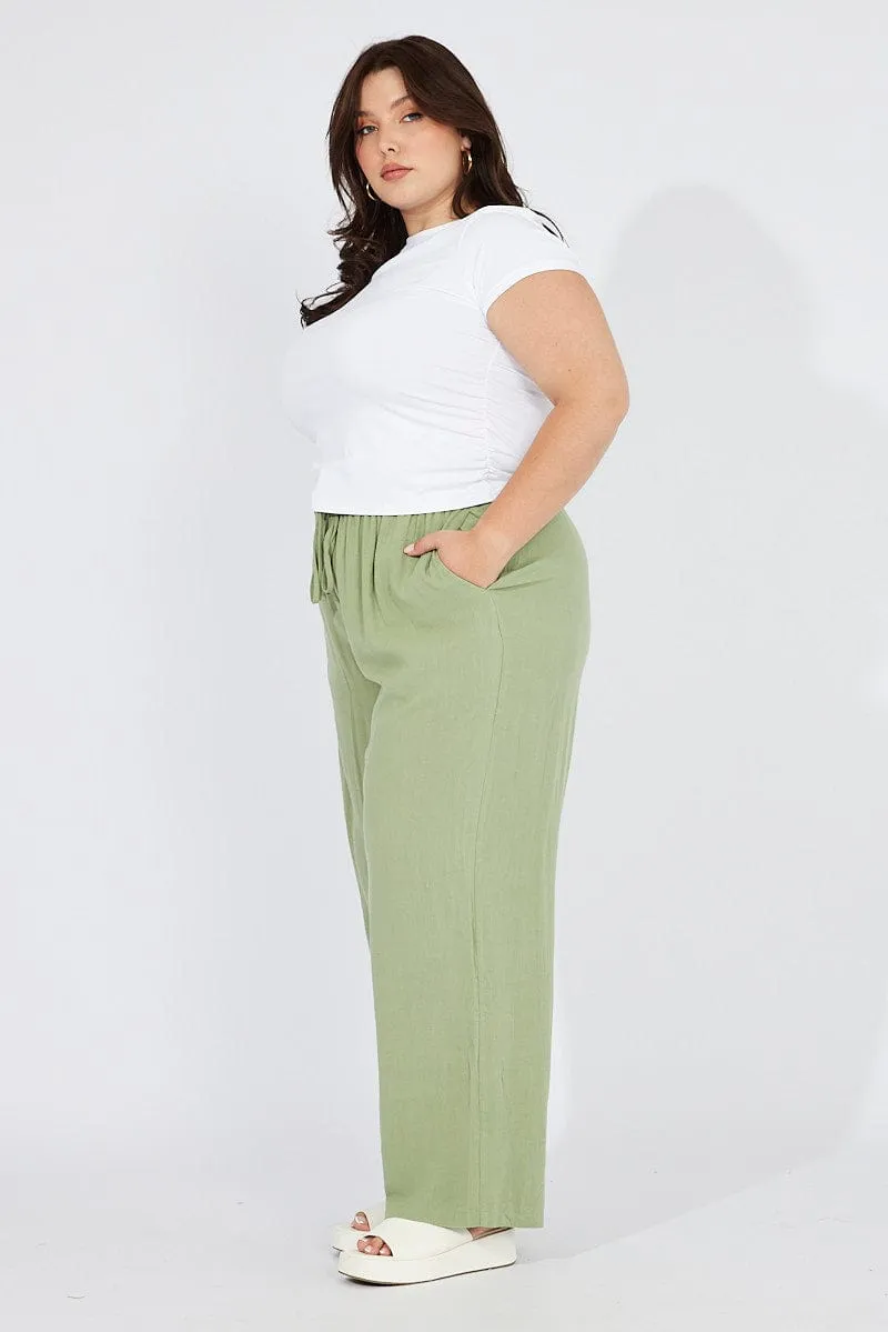 Green Wideleg Pants Paperbag Elastic Waist Linen Blend