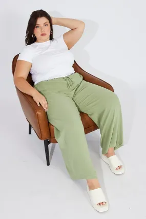 Green Wideleg Pants Paperbag Elastic Waist Linen Blend