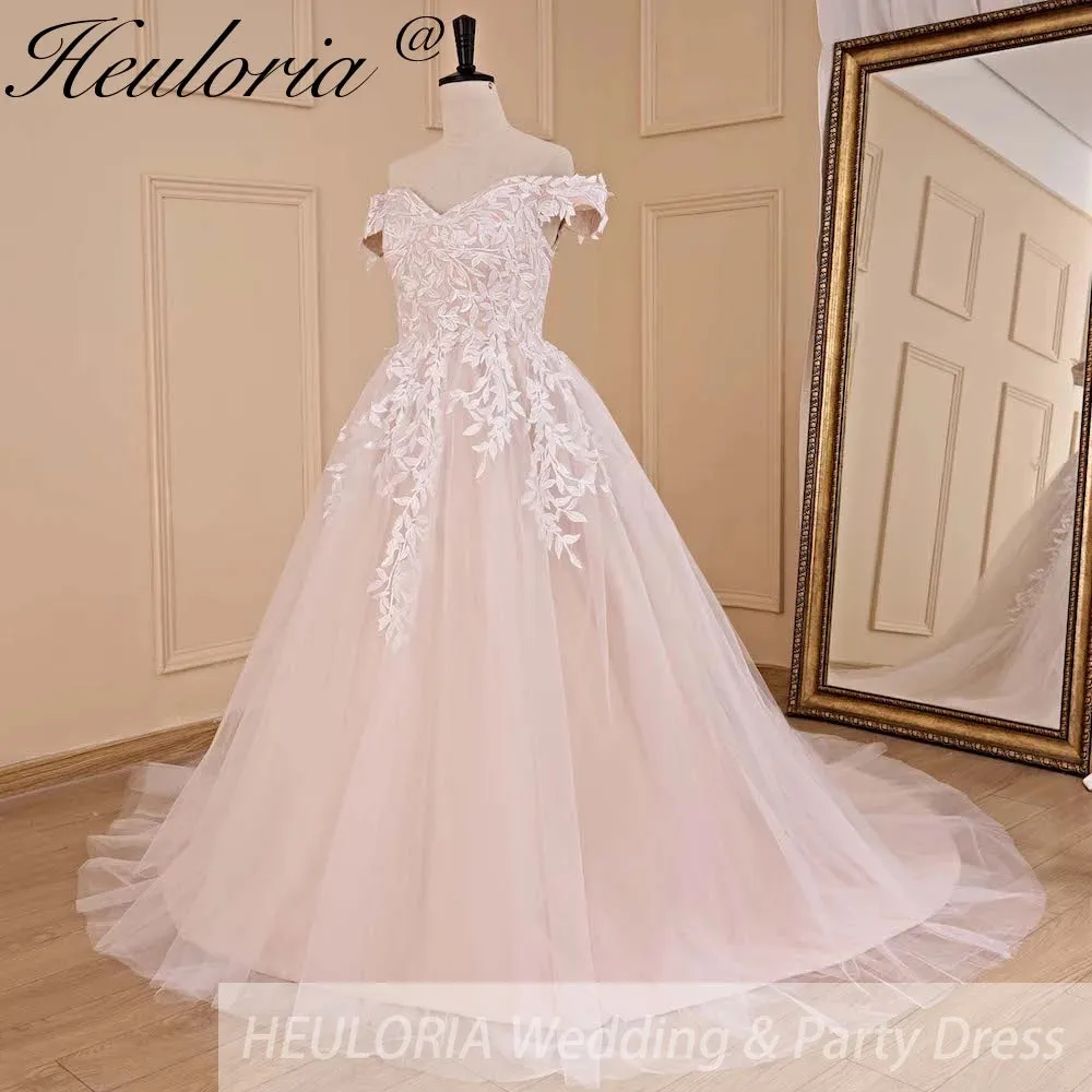 HEULORIA A-line Off the Shoulder Court Train Tulle Lace Wedding Dress