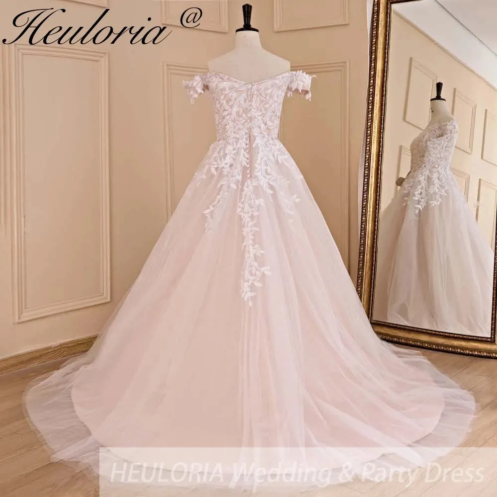 HEULORIA A-line Off the Shoulder Court Train Tulle Lace Wedding Dress