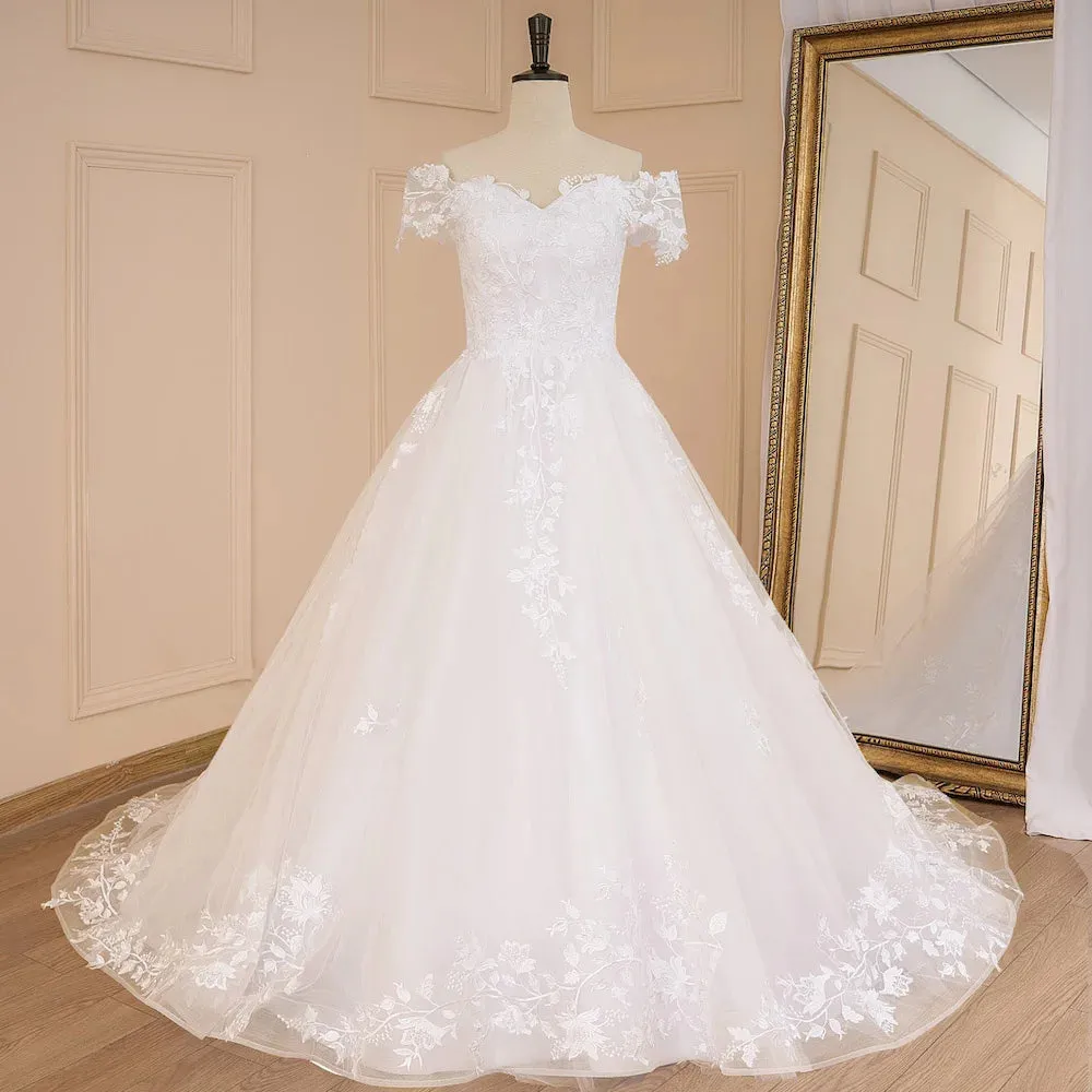 HEULORIA Ball-Gown/Princess off shoulder Cathedral Train Tulle Lace Wedding Dress