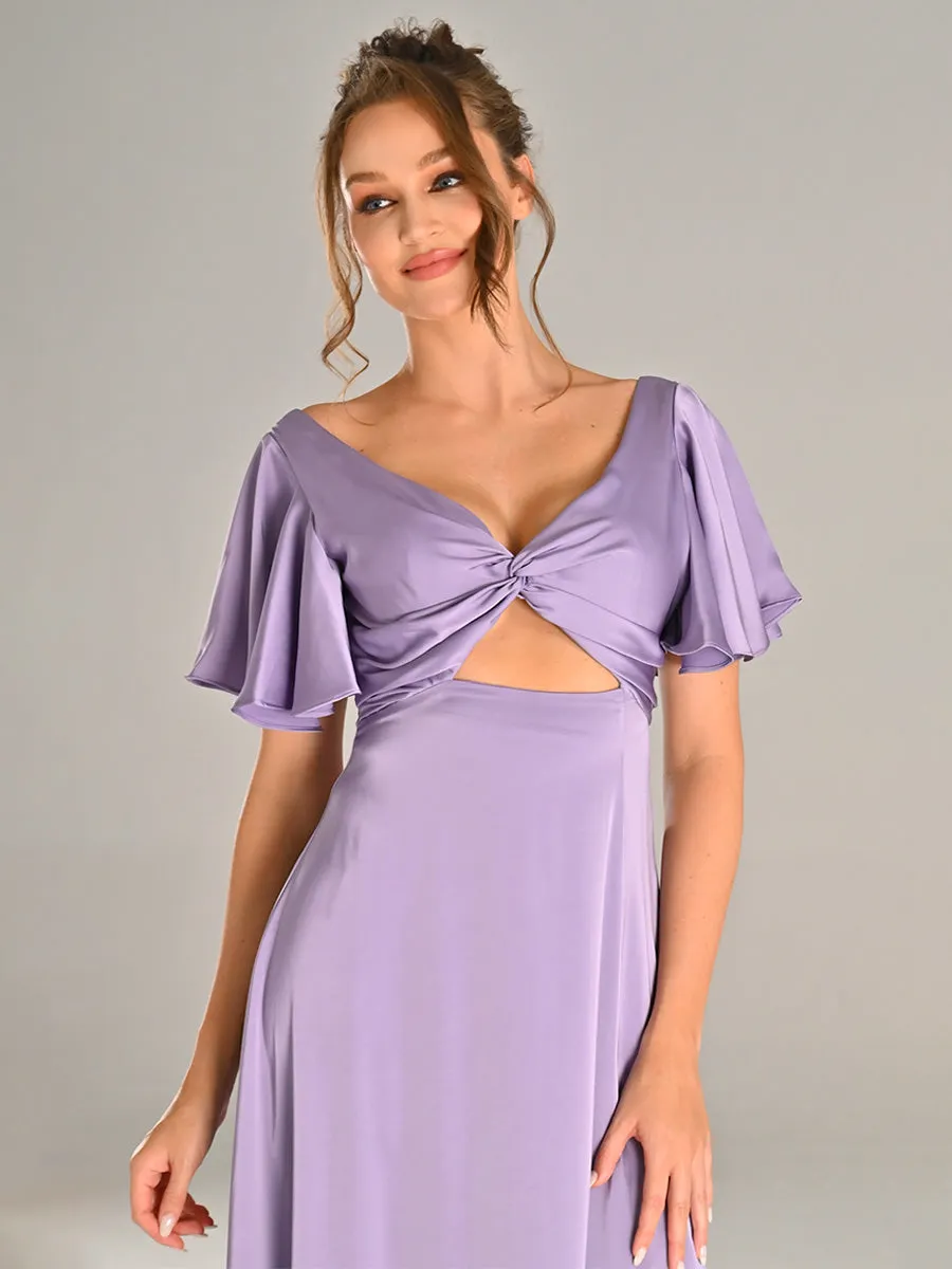 Lilac Satin Bridesmaid Dresses Flutter sleeves V Neck