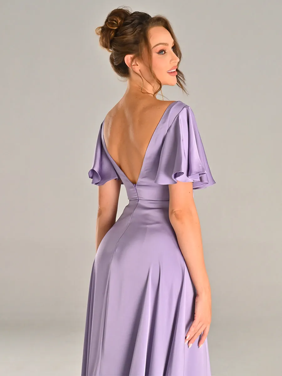 Lilac Satin Bridesmaid Dresses Flutter sleeves V Neck