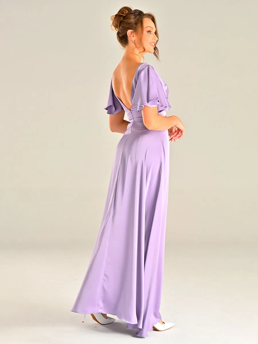 Lilac Satin Bridesmaid Dresses Flutter sleeves V Neck