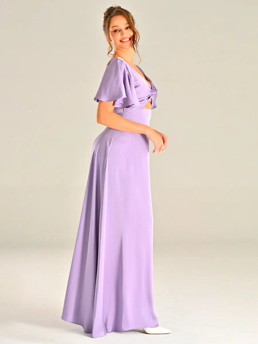 Lilac Satin Bridesmaid Dresses Flutter sleeves V Neck