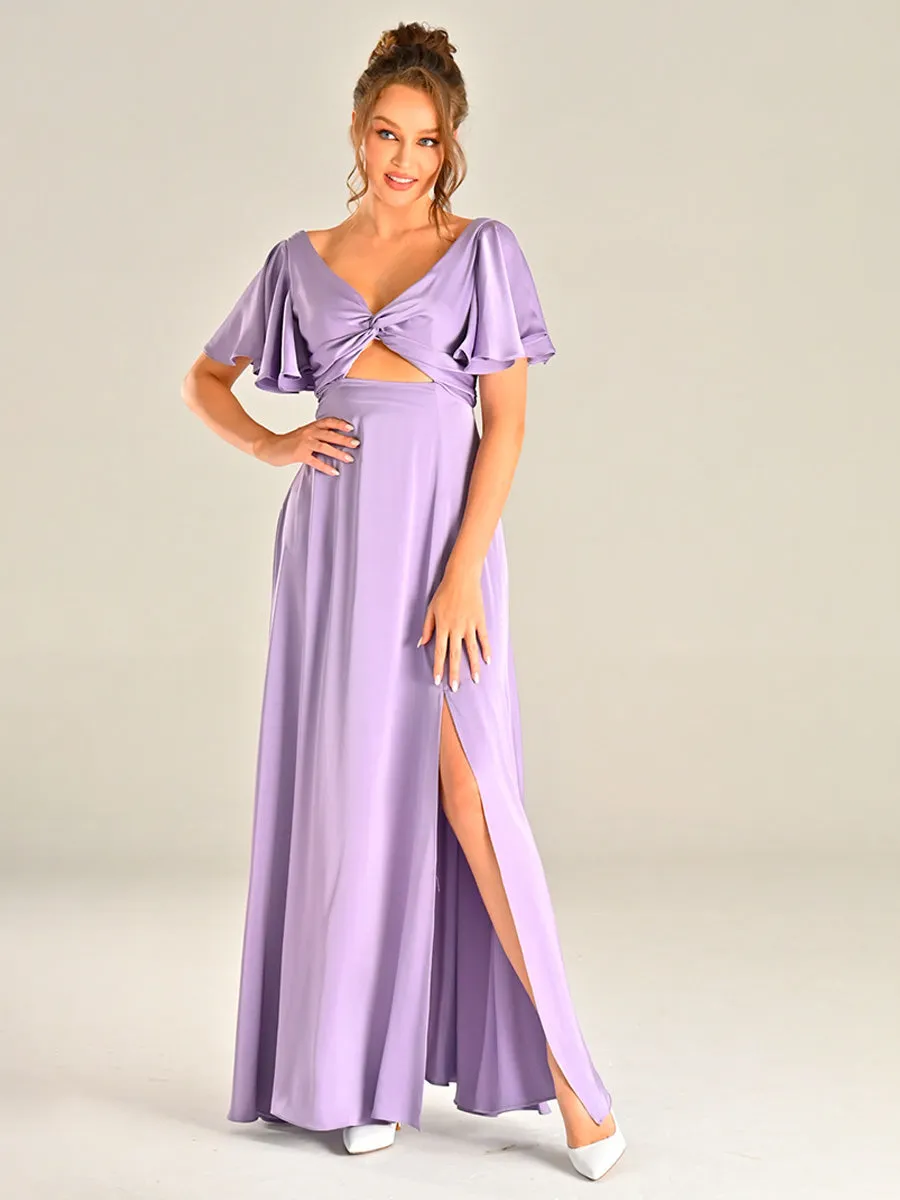 Lilac Satin Bridesmaid Dresses Flutter sleeves V Neck
