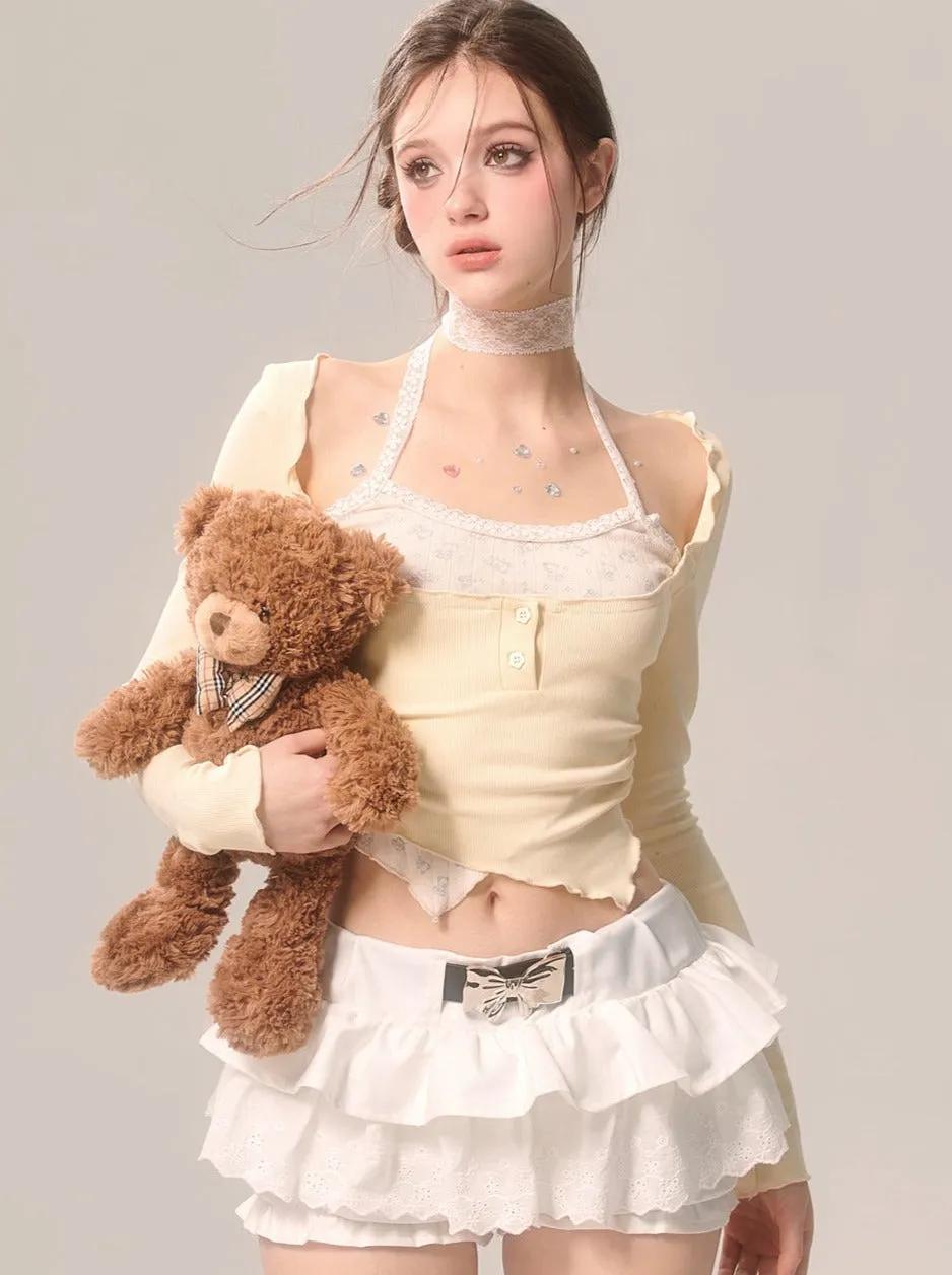 Milky Faux Piece Cream Eye Halter Two Top Neck Yellow