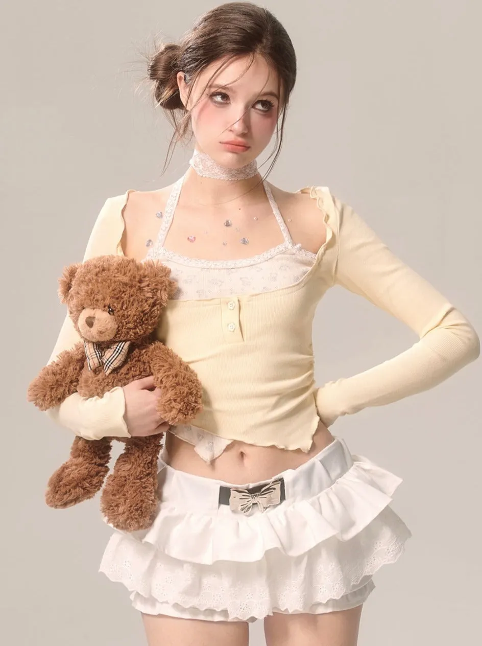 Milky Faux Piece Cream Eye Halter Two Top Neck Yellow