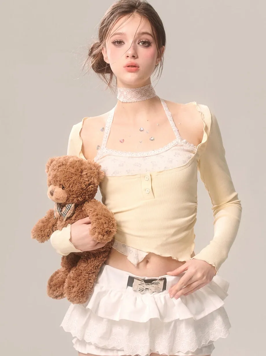Milky Faux Piece Cream Eye Halter Two Top Neck Yellow