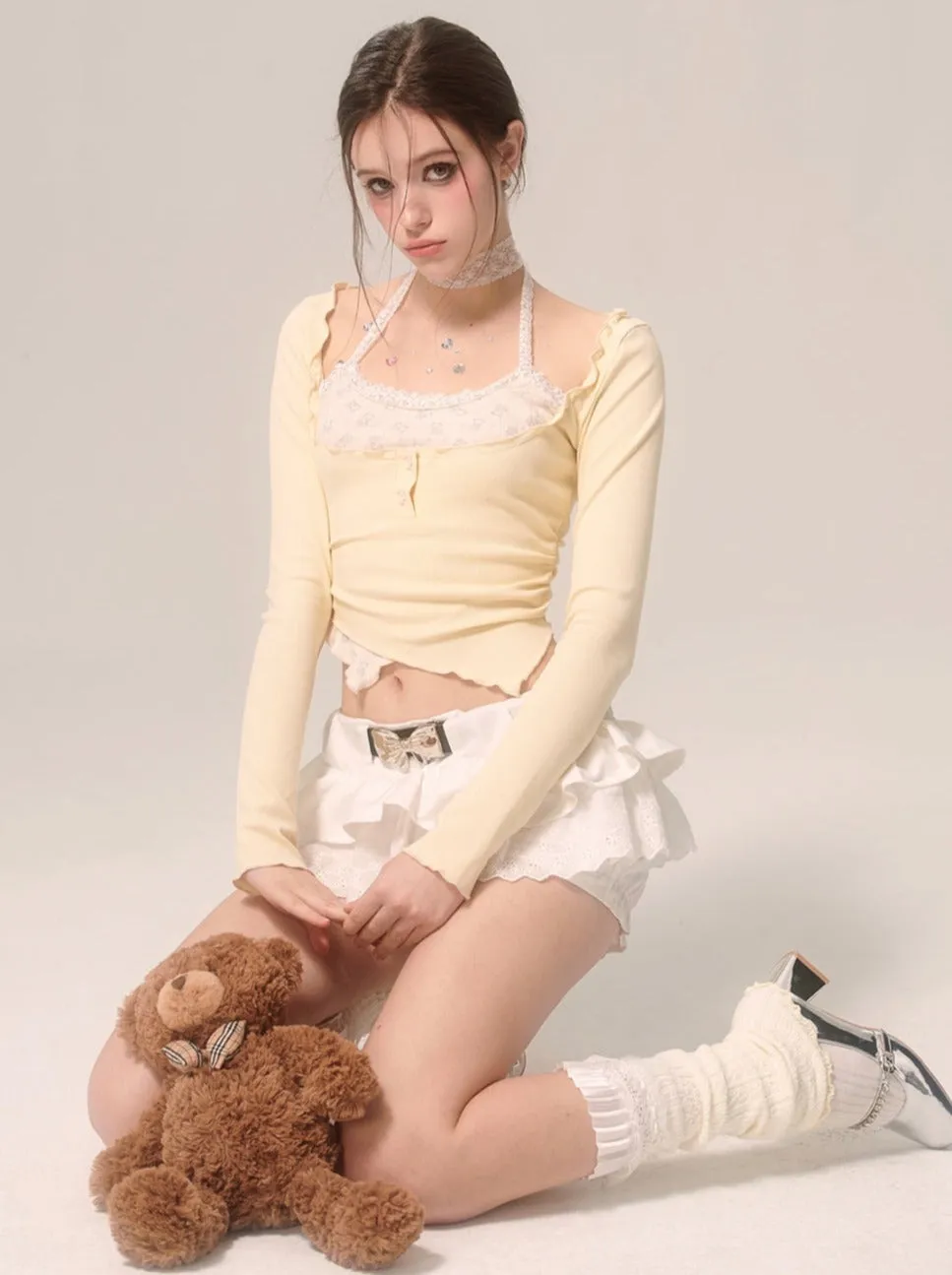 Milky Faux Piece Cream Eye Halter Two Top Neck Yellow