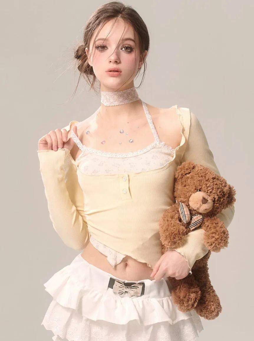 Milky Faux Piece Cream Eye Halter Two Top Neck Yellow
