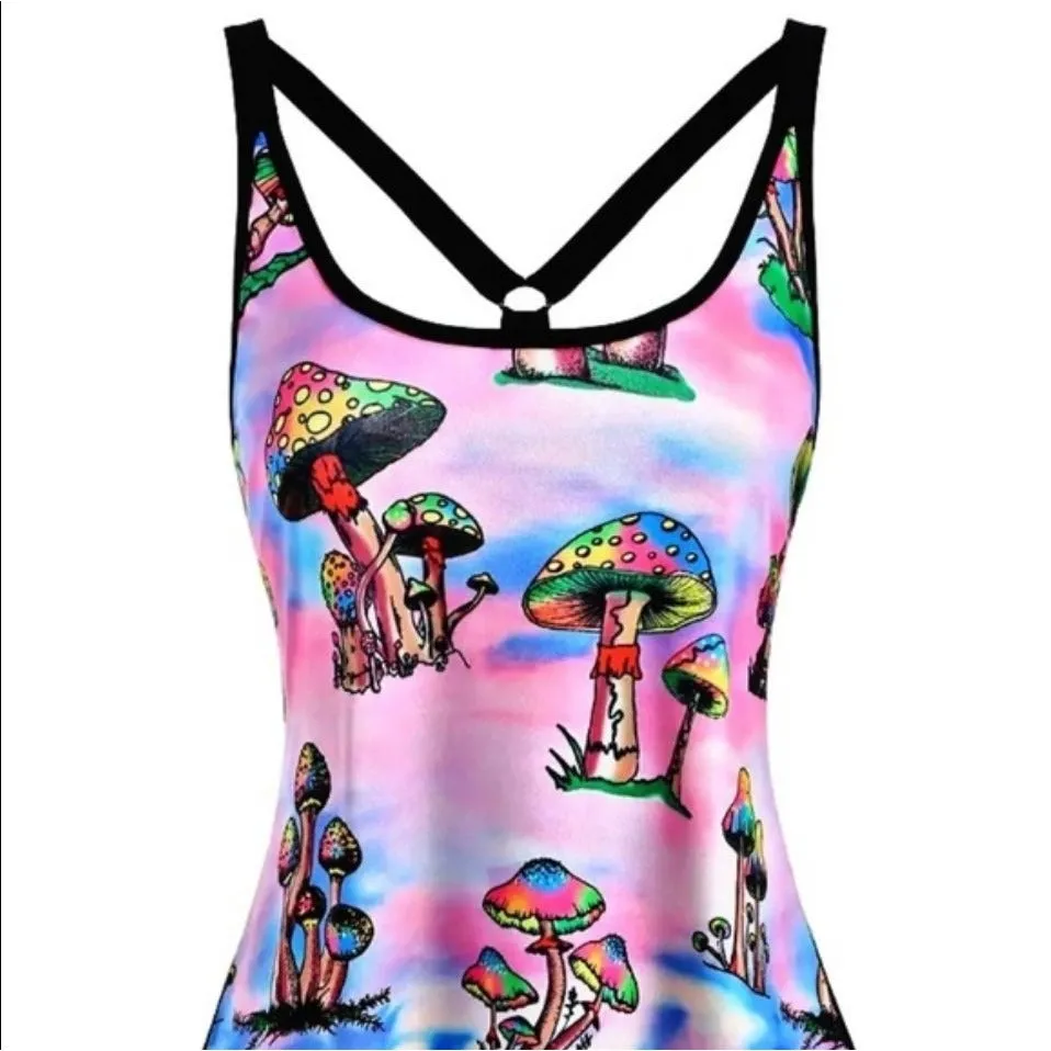 Mushroom Print O-Ring Strappy Tank Dress Solid Black Back M/6