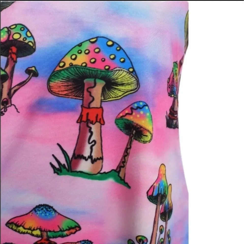 Mushroom Print O-Ring Strappy Tank Dress Solid Black Back M/6