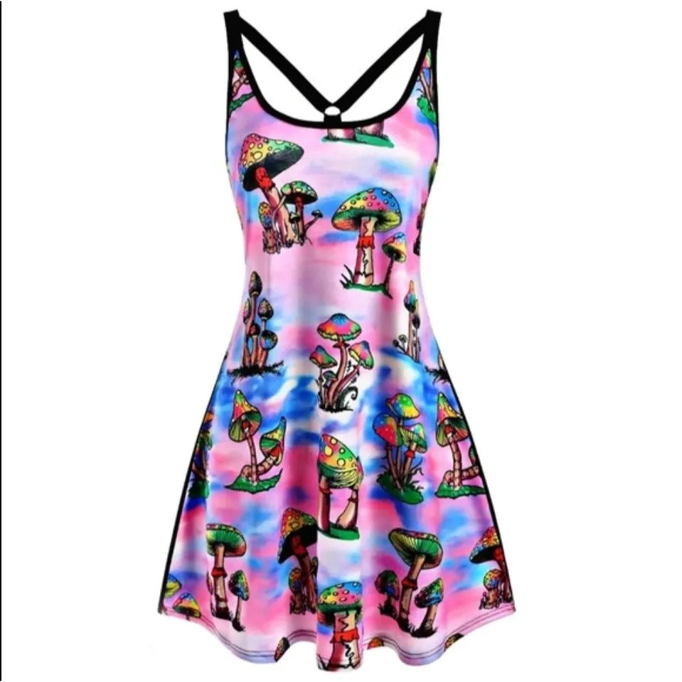 Mushroom Print O-Ring Strappy Tank Dress Solid Black Back M/6