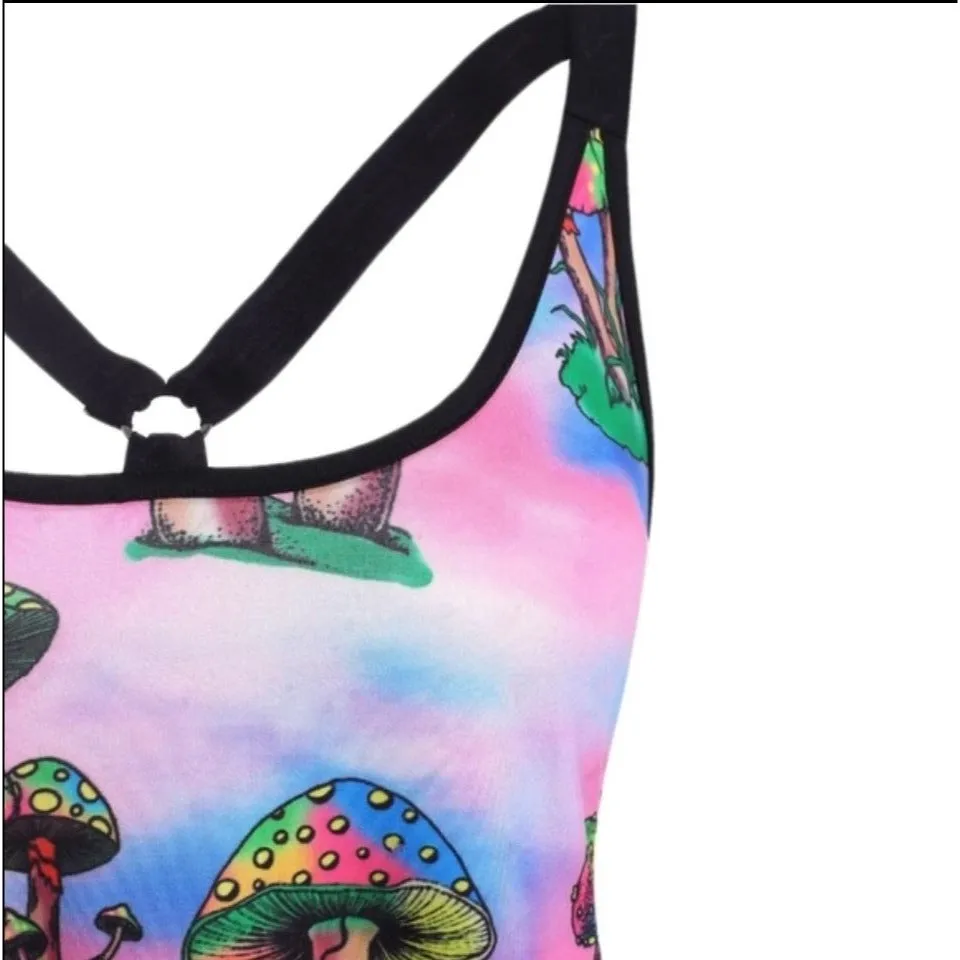 Mushroom Print O-Ring Strappy Tank Dress Solid Black Back M/6