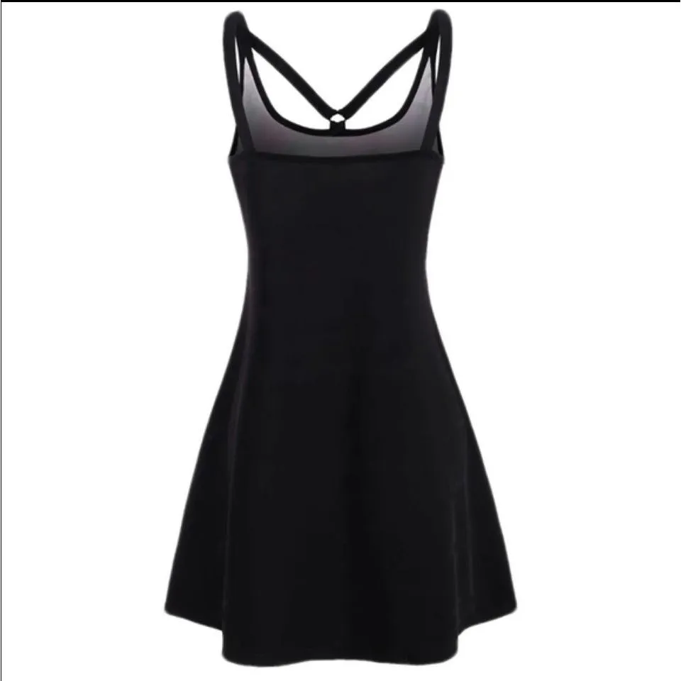 Mushroom Print O-Ring Strappy Tank Dress Solid Black Back M/6