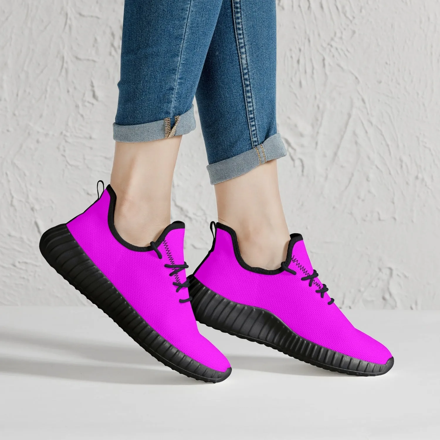 Neon Pink Mesh Knit Sneakers - White/Black Sole