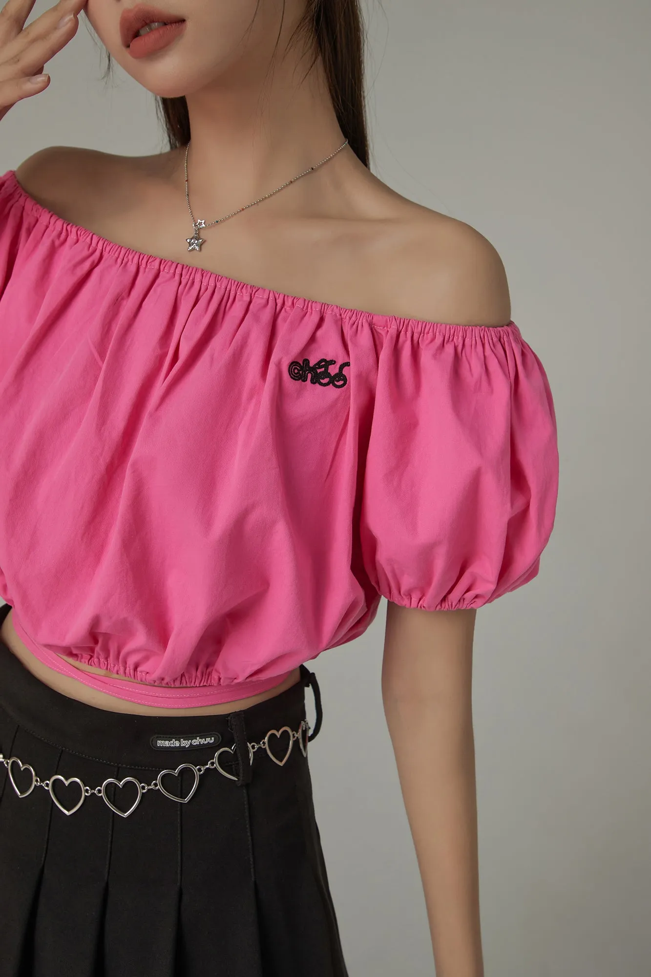 Off The Shoulder Puffy Cropped Tie Blouse