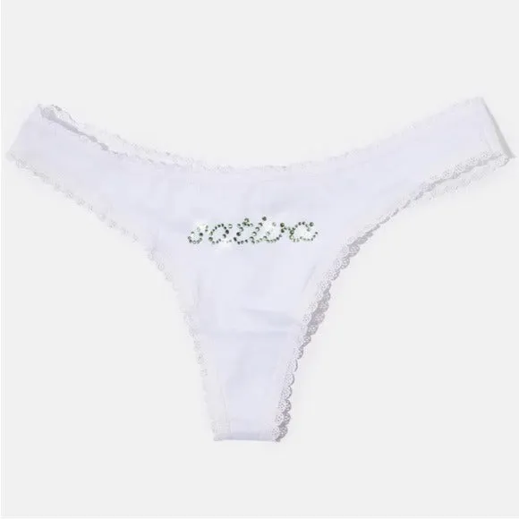 Sativa Rhinestone Thong | White Cotton Rhinestone Sativa In Green
