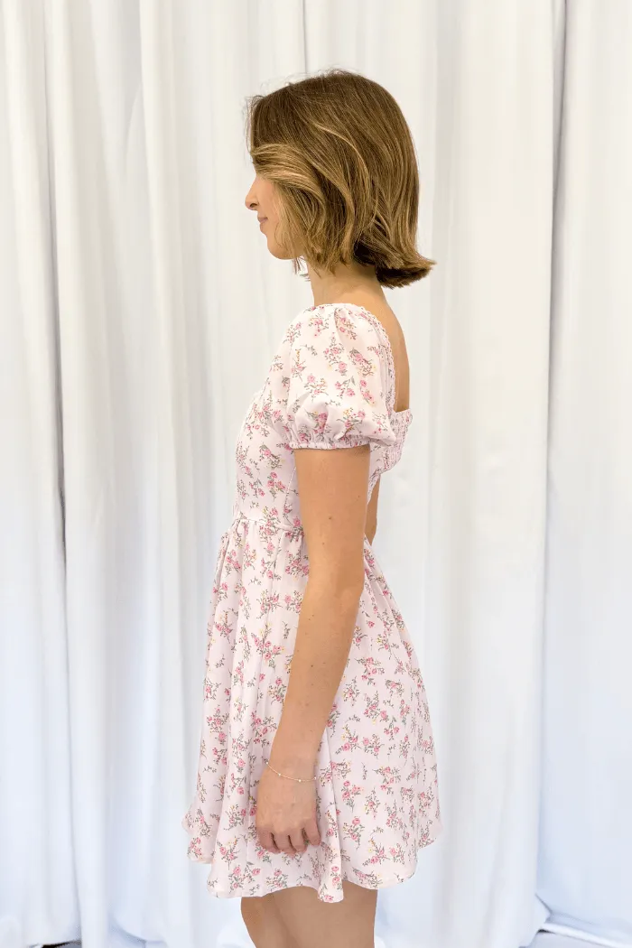 Short Sleeve Corset Front Floral Dress in Pink