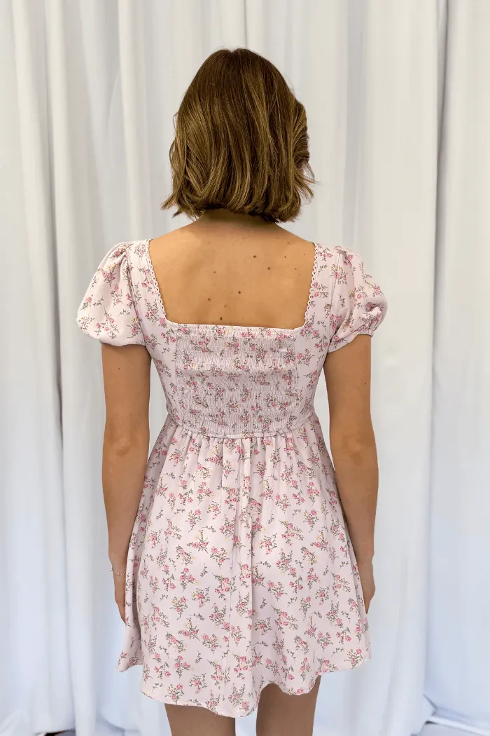 Short Sleeve Corset Front Floral Dress in Pink