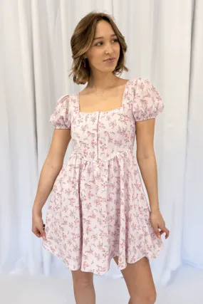 Short Sleeve Corset Front Floral Dress in Pink
