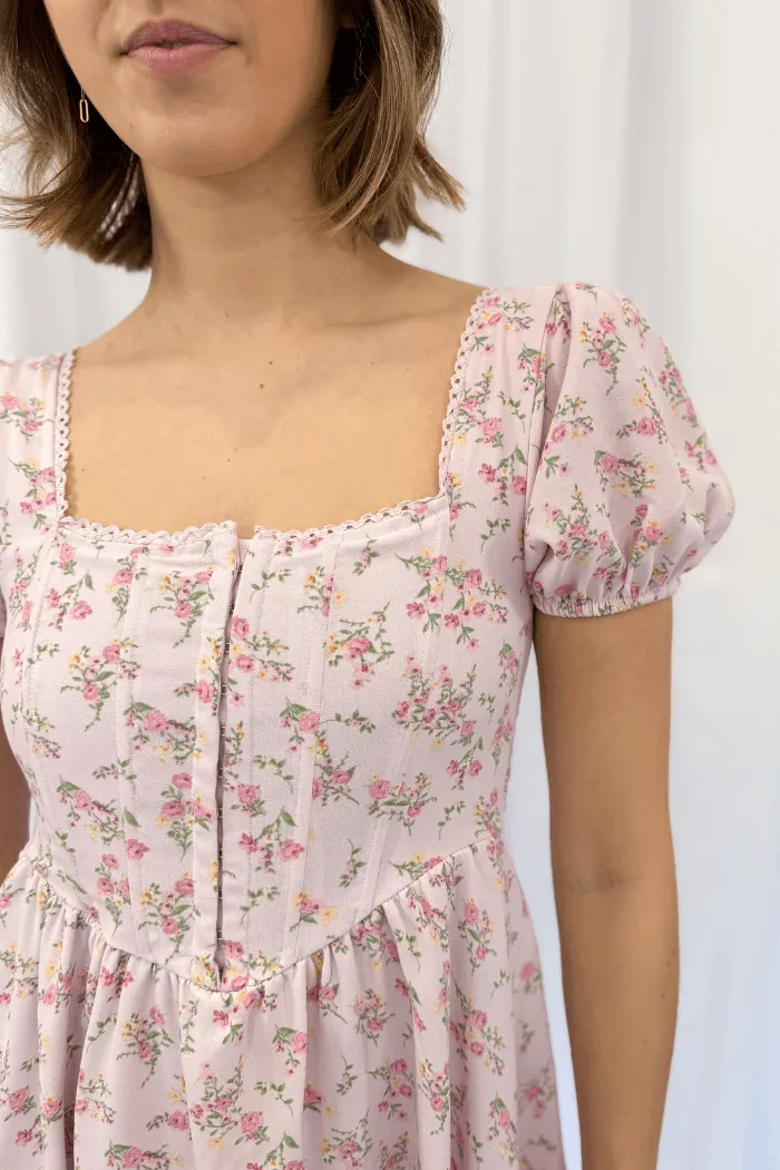 Short Sleeve Corset Front Floral Dress in Pink
