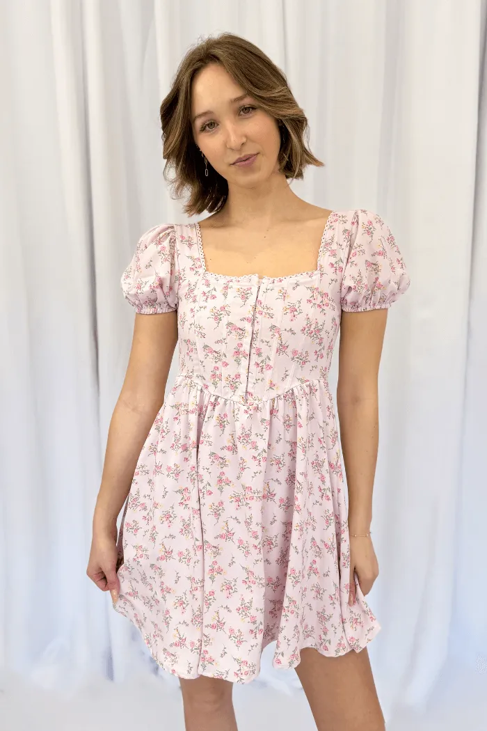 Short Sleeve Corset Front Floral Dress in Pink