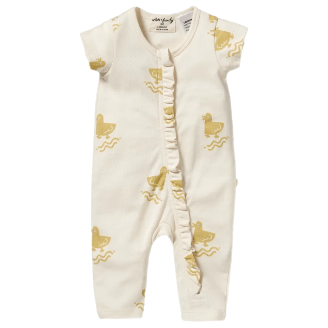 Short Sleeve Ruffle Zipsuit - Quack Quack