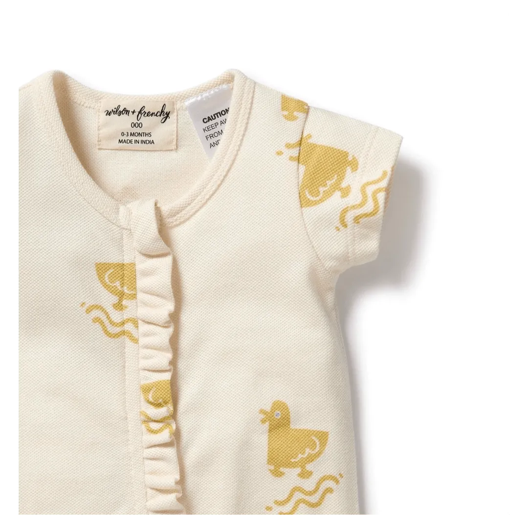 Short Sleeve Ruffle Zipsuit - Quack Quack
