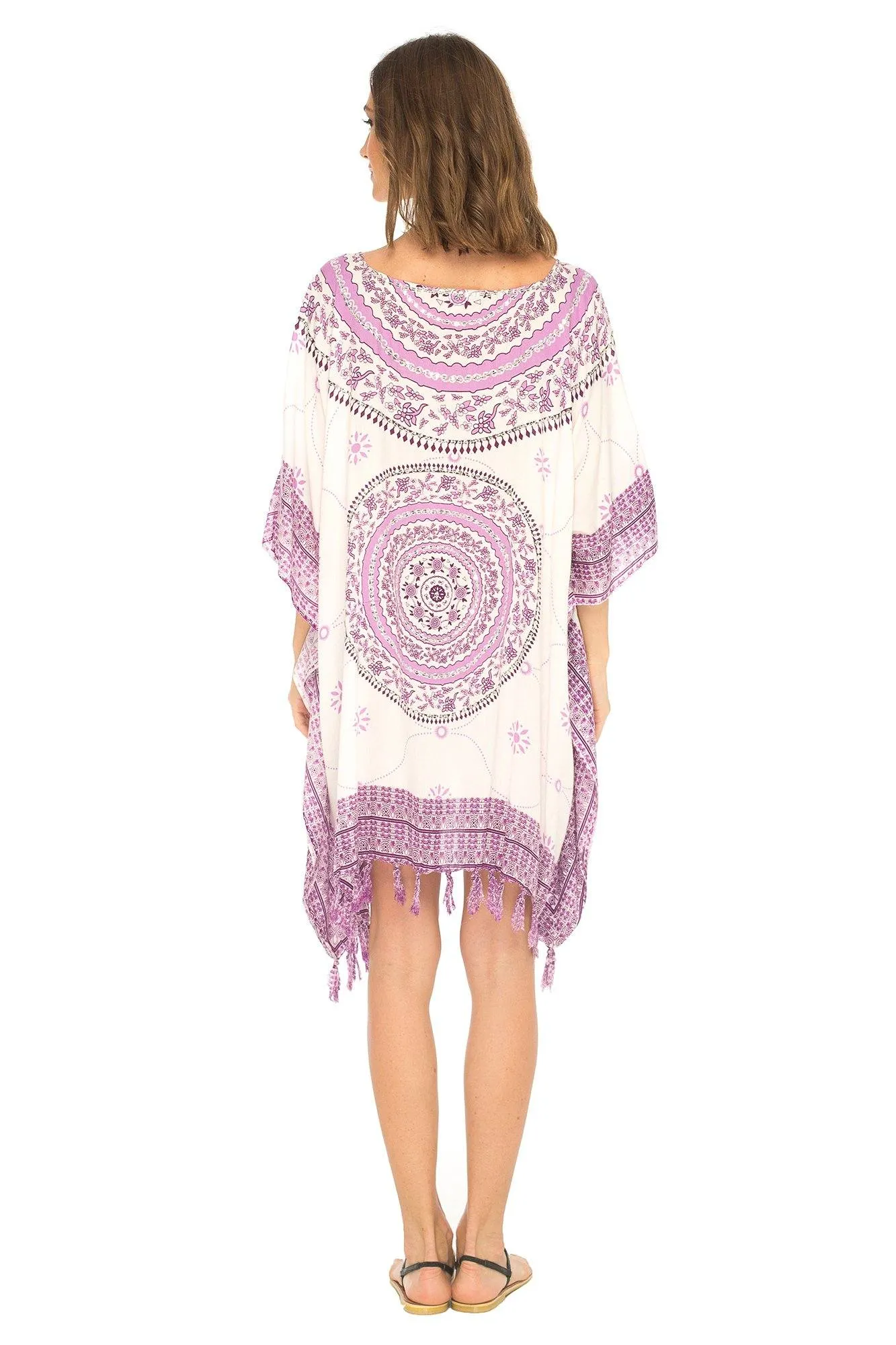 SHU-SHI Women's Short Poncho Beach Dress - Ethnic Mandala Cover-Up Kaftan with V-Neck and Sequins