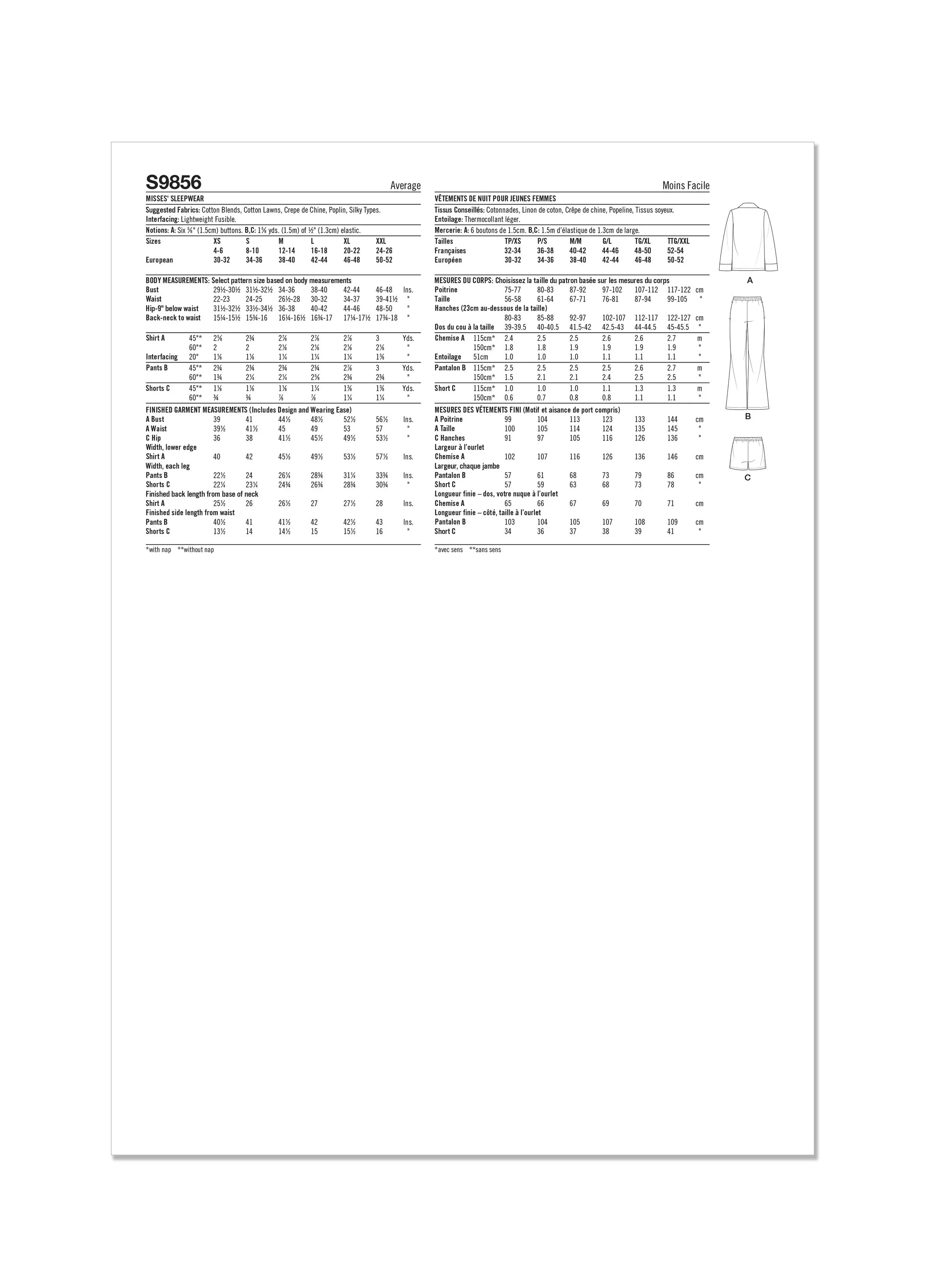 Simplicity Sewing Pattern 9856 Women's Pyjamas