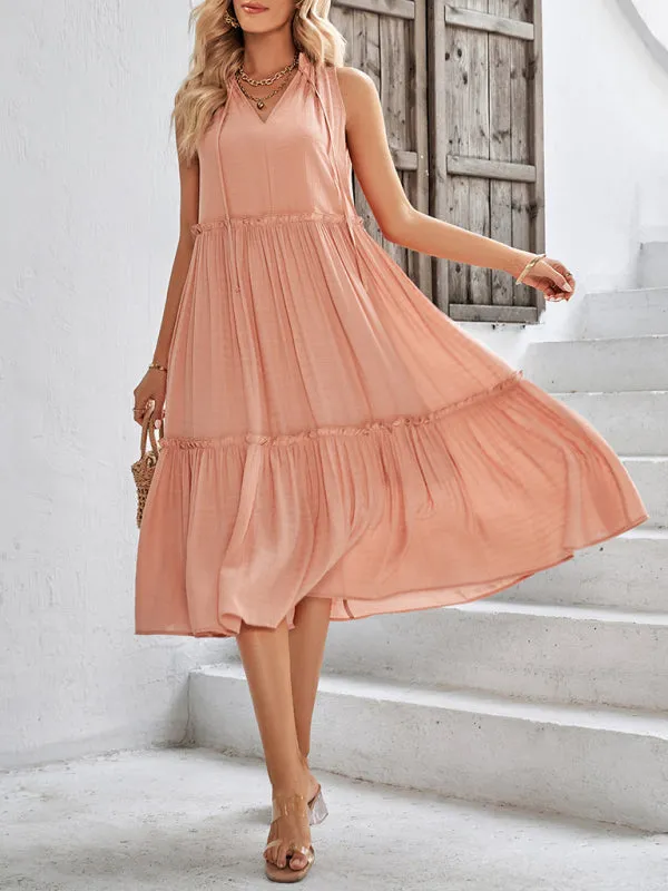 Solid Flowy Tiered Tie Midi Dress