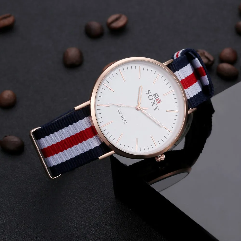 SOXY Hot Sale Fashion Nylon Strap Quartz Watches Men Luxury Business Watch Casual Gold Watches montre homme relogio masculino