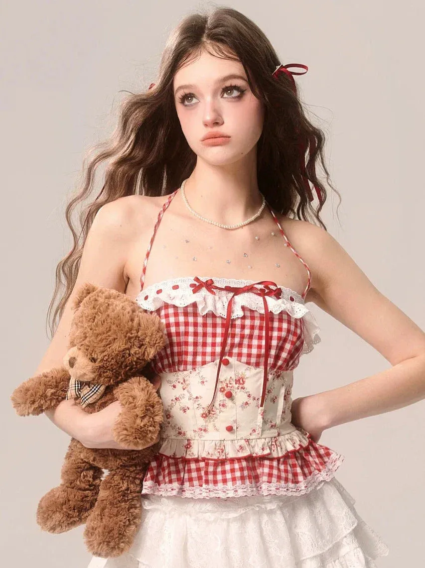 Strawberry Top Neck Cake Suspender Check Lace Halter
