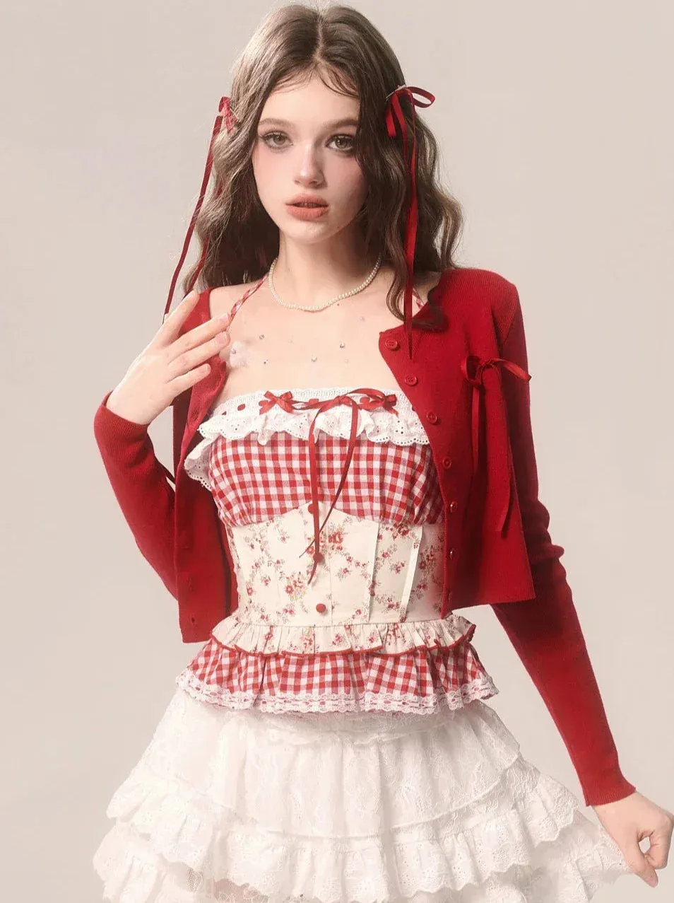Strawberry Top Neck Cake Suspender Check Lace Halter