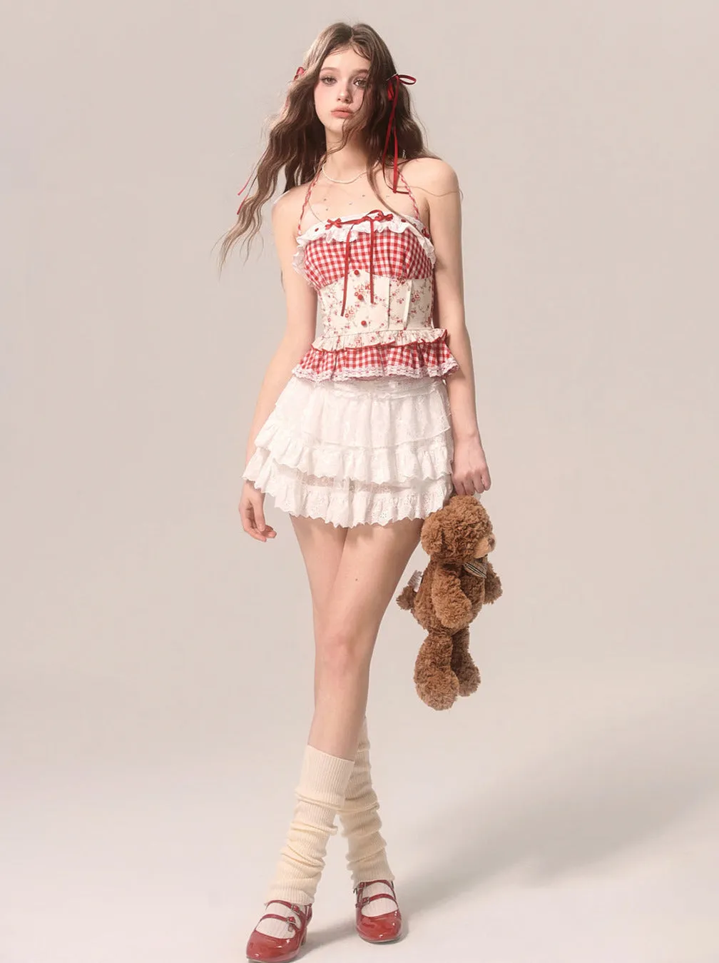 Strawberry Top Neck Cake Suspender Check Lace Halter