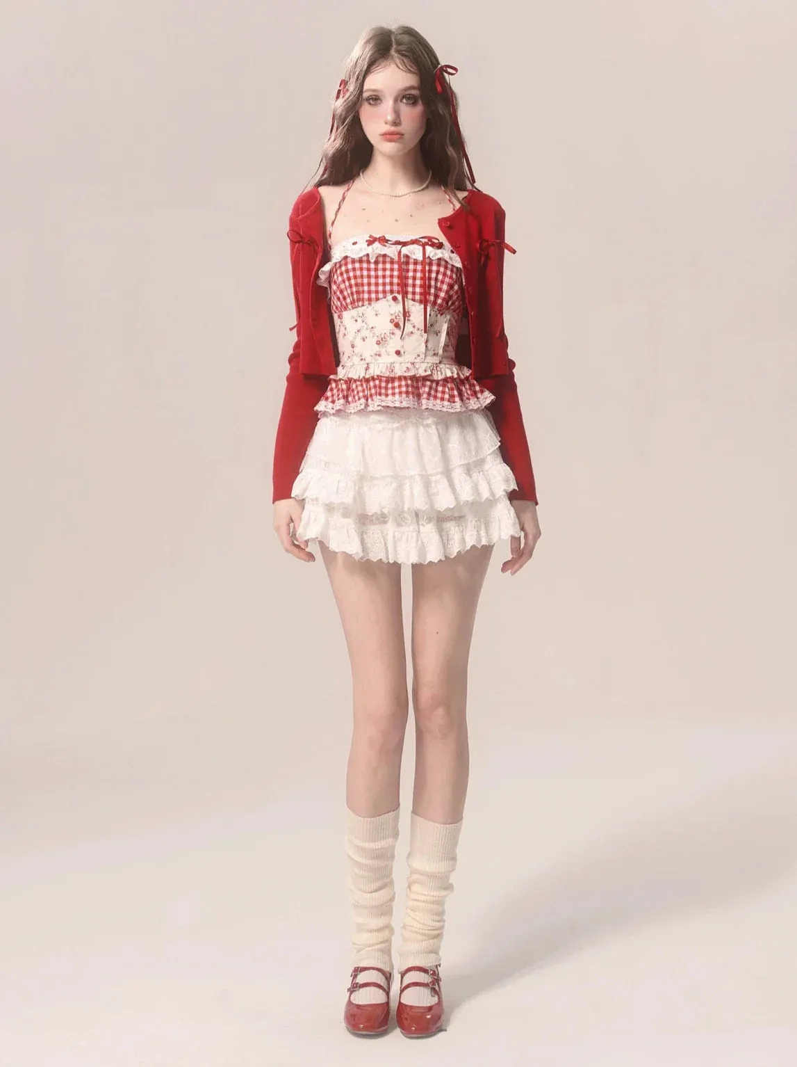 Strawberry Top Neck Cake Suspender Check Lace Halter
