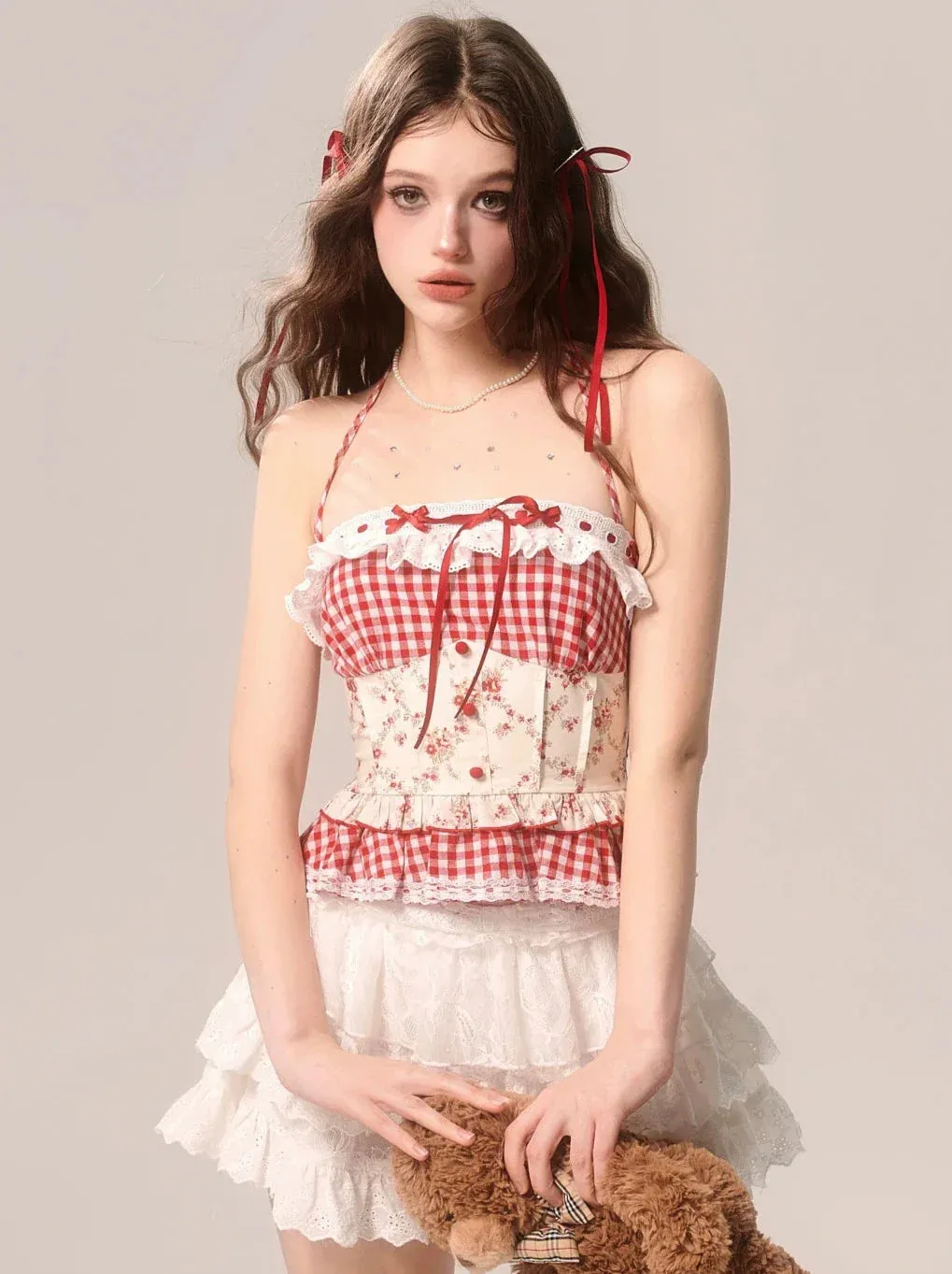 Strawberry Top Neck Cake Suspender Check Lace Halter