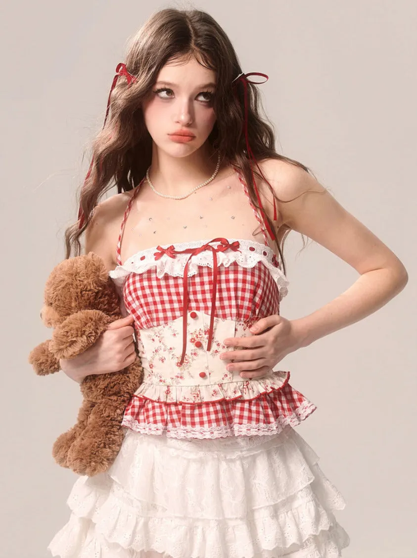 Strawberry Top Neck Cake Suspender Check Lace Halter