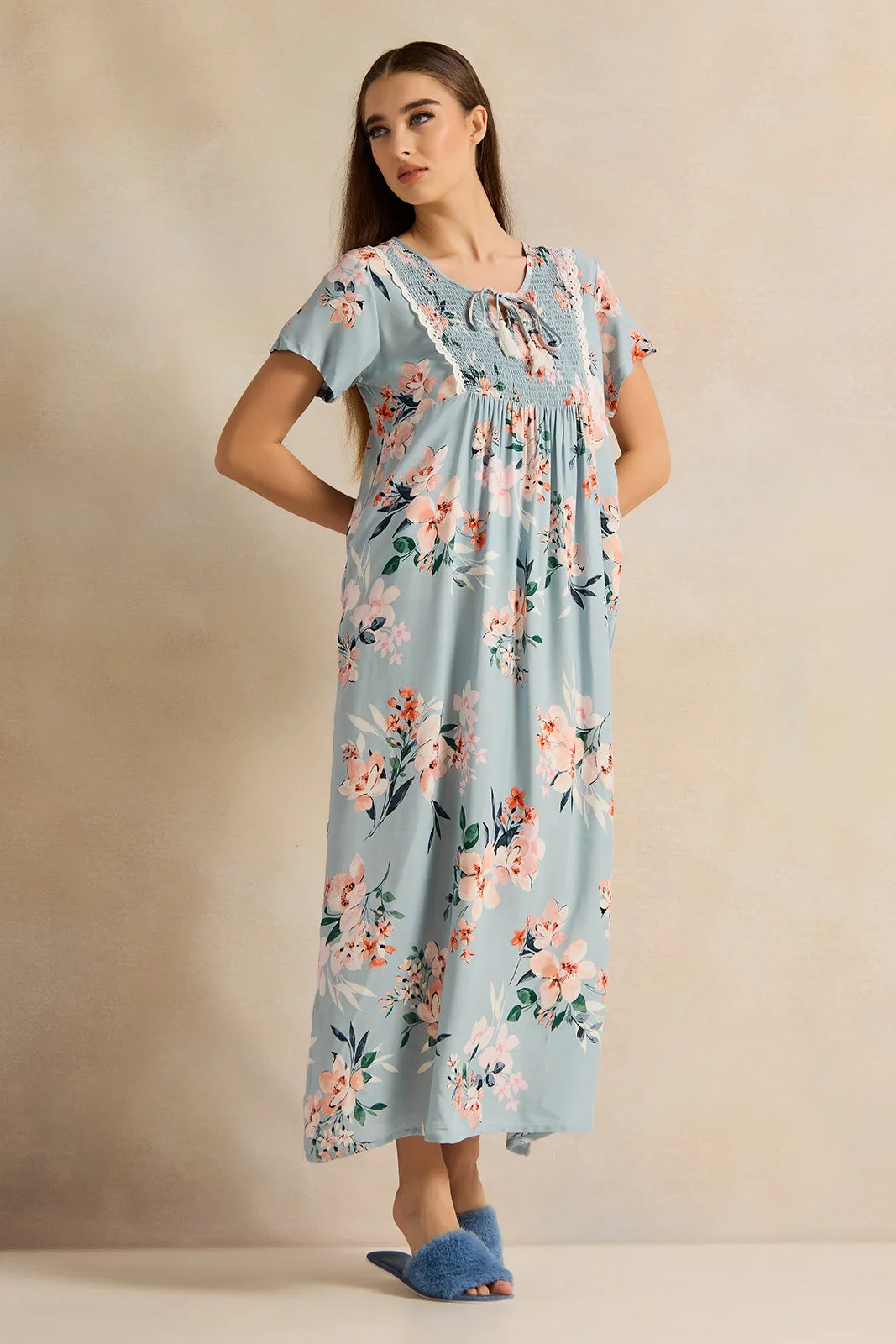 Women Blue Printed Night Gown