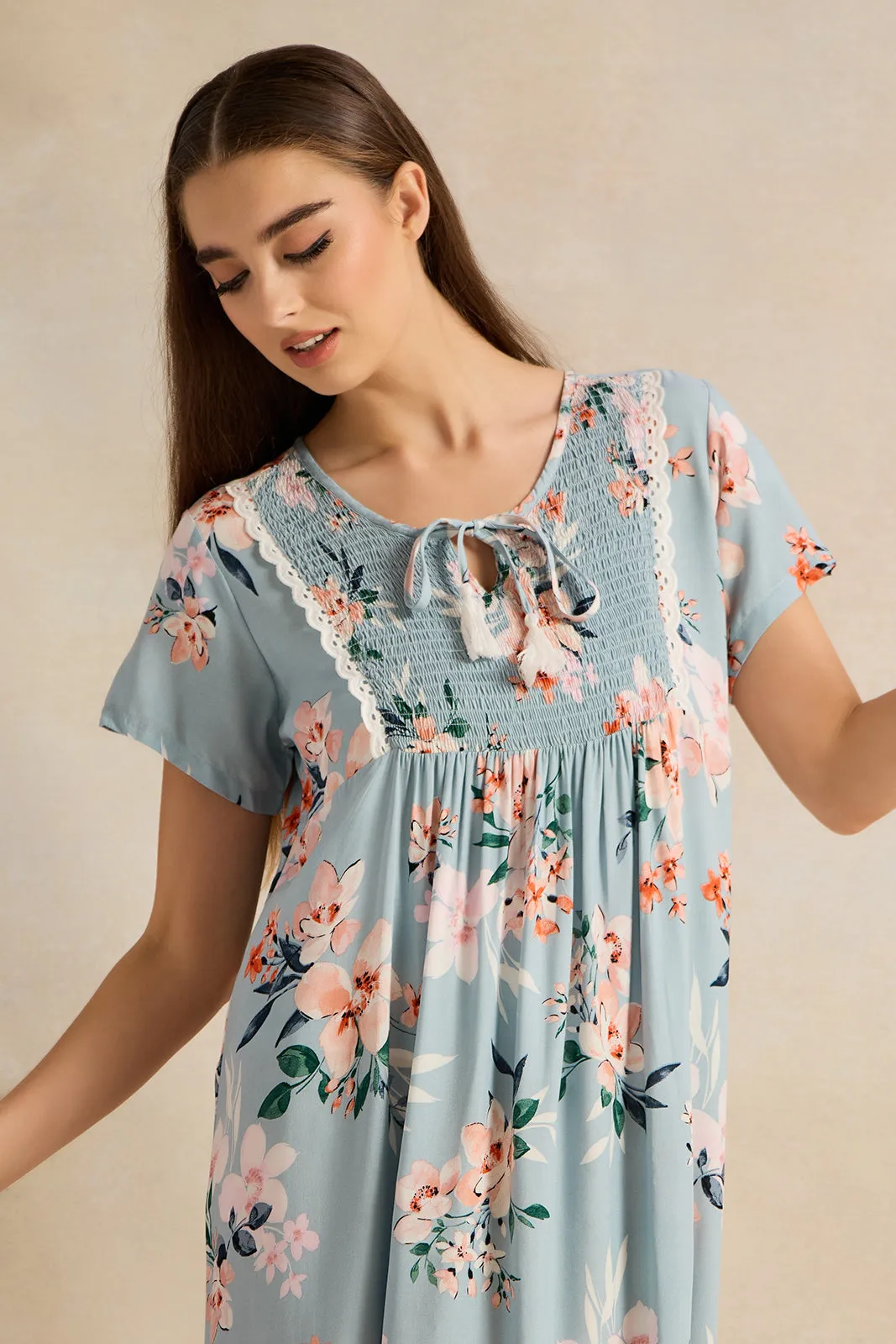 Women Blue Printed Night Gown